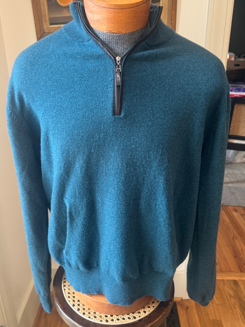 Robert Talbott Teal Zip-Neck Cotton Cashmere Sweater Large